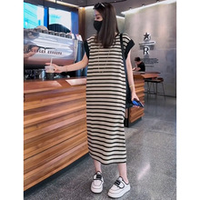 大码女装韩版条纹T恤裙夏季纯棉宽松时尚减龄连衣裙WX5020