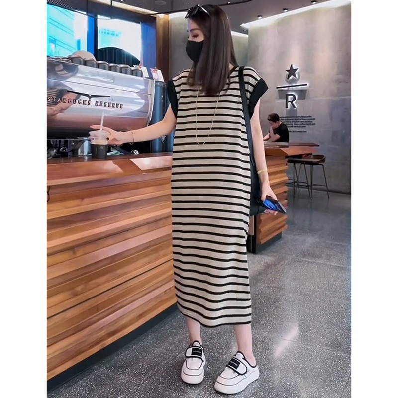 大码女装韩版条纹T恤裙夏季纯棉宽松时尚减龄连衣裙WX5020