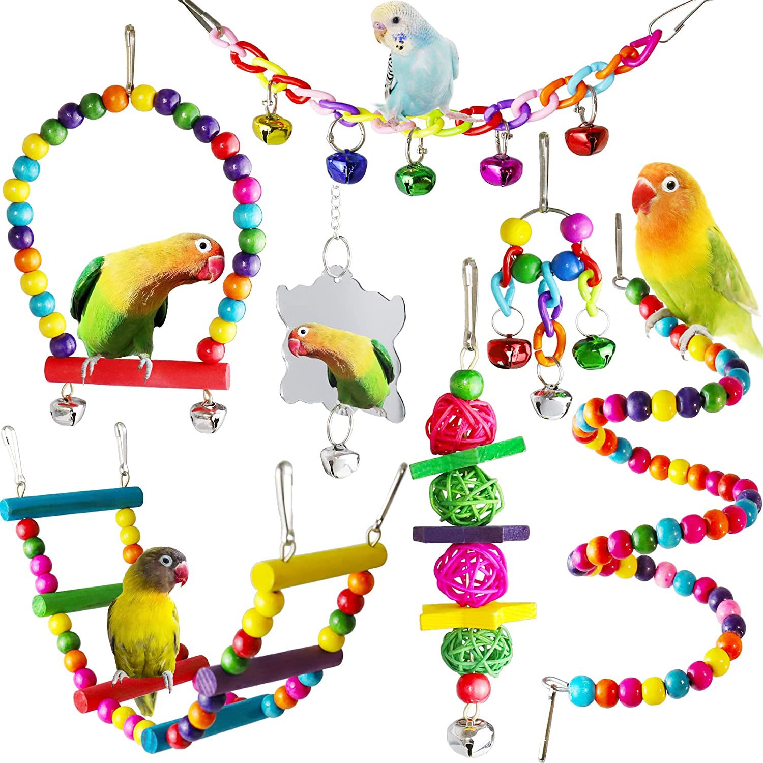7 Pieces Parrot Toy Bird Cage Accessories Bird Supplies Tools Ladder Mirror Swing Bell Bird Toy