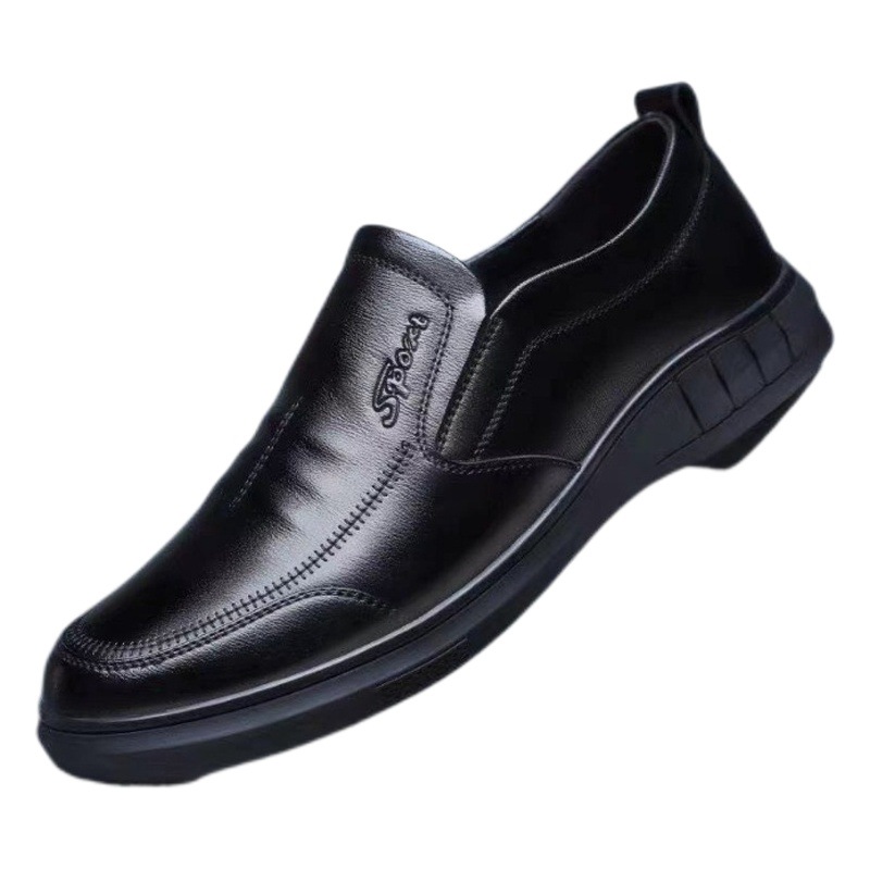 Zapatos de cuero para hombres de mediana edad y mayores, estilo británico, para todas las estaciones, con suela blanda, sin cordones, punta redonda, zapatos casuales de cuero cómodos para negocios.