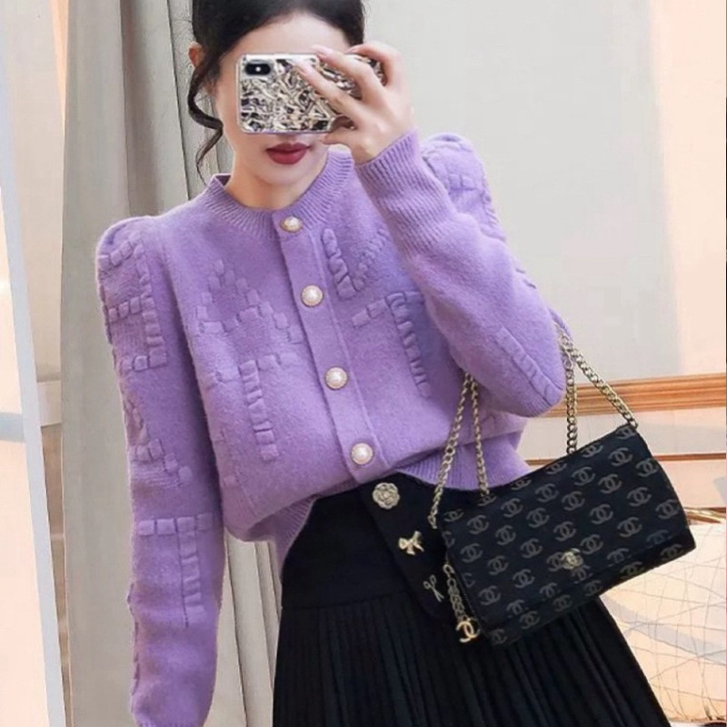 Retro Small Fragrant Style Knitwear Jacket Autumn and Winter Women's Clothing 2025 New Elegant High-End Puff Sleeve Knitwear Top