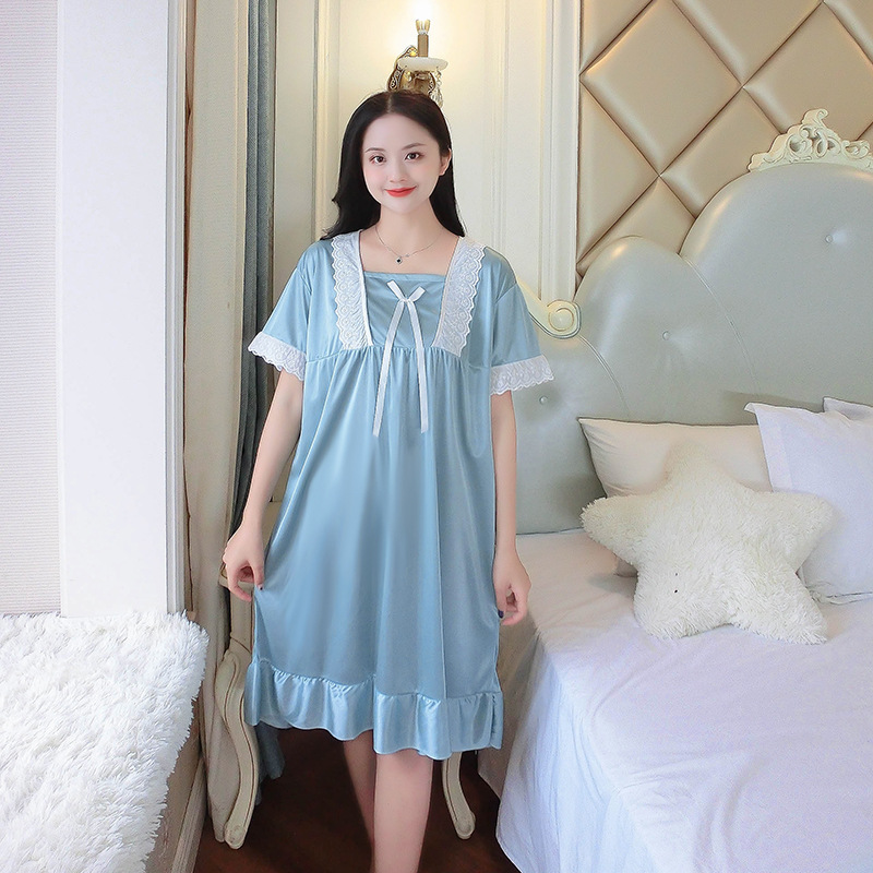 2024 pijama de verano delgado seda de hielo mediano largo de manga corta pijama de seda de simulación princesa muñeca de viento cuello ropa para el hogar