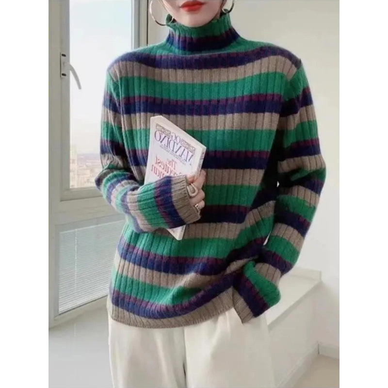 Rainbow knitted demi-season fashionable sweater with a round collar