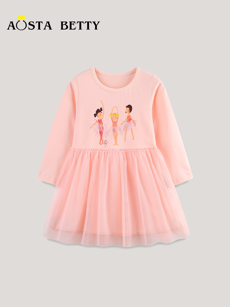 Vestido de niña de estilo europeo y americano otoño nuevo vestido de princesa infantil de algodón de punto de cuello redondo malla falda de manga larga