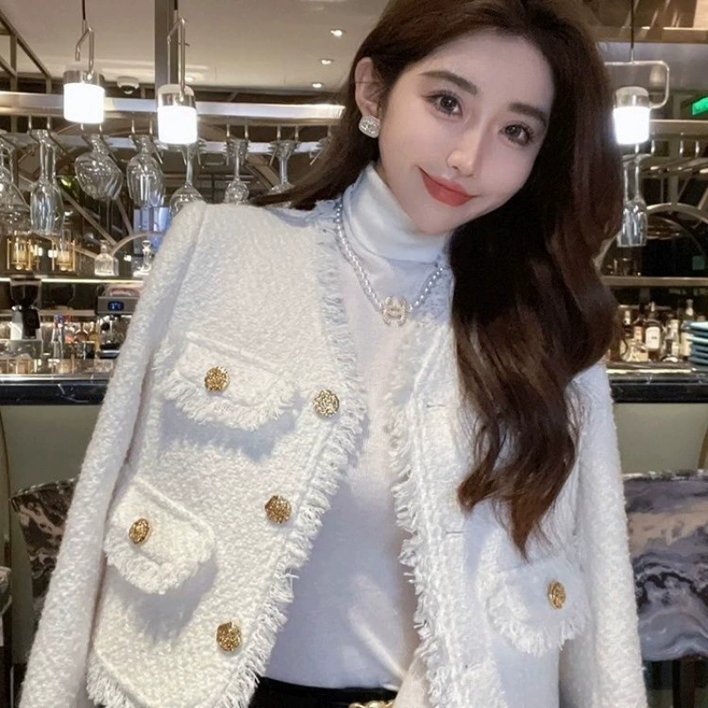 Весна-осень белая короткая куртка, стиль Chanel, стиль высокого качества, французский стиль, западный стиль