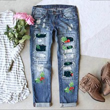 欧美跨境现货批发时尚新款破洞印花贴布水洗中腰直筒女装牛仔裤女