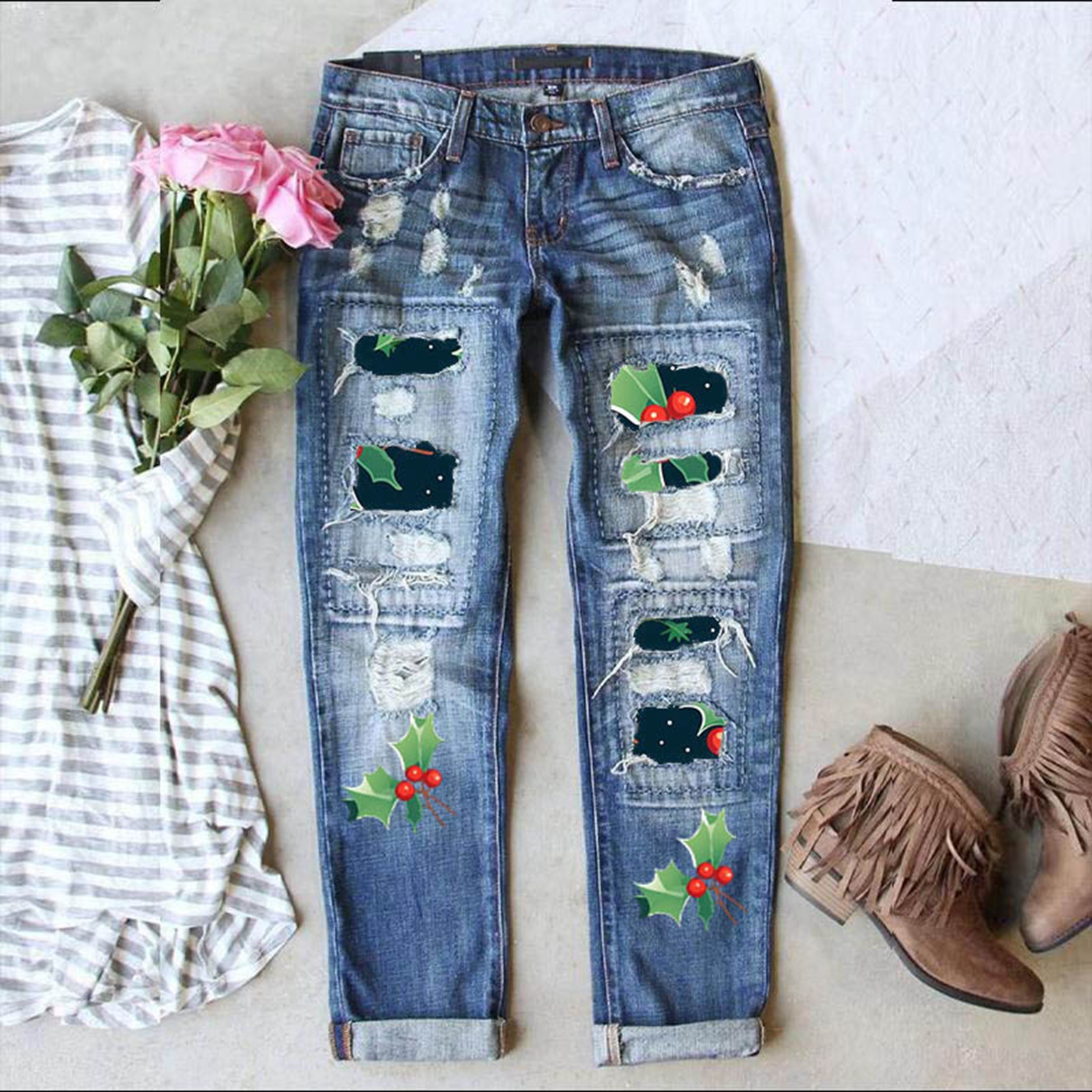 欧美跨境现货批发时尚新款破洞印花贴布水洗中腰直筒女装牛仔裤女