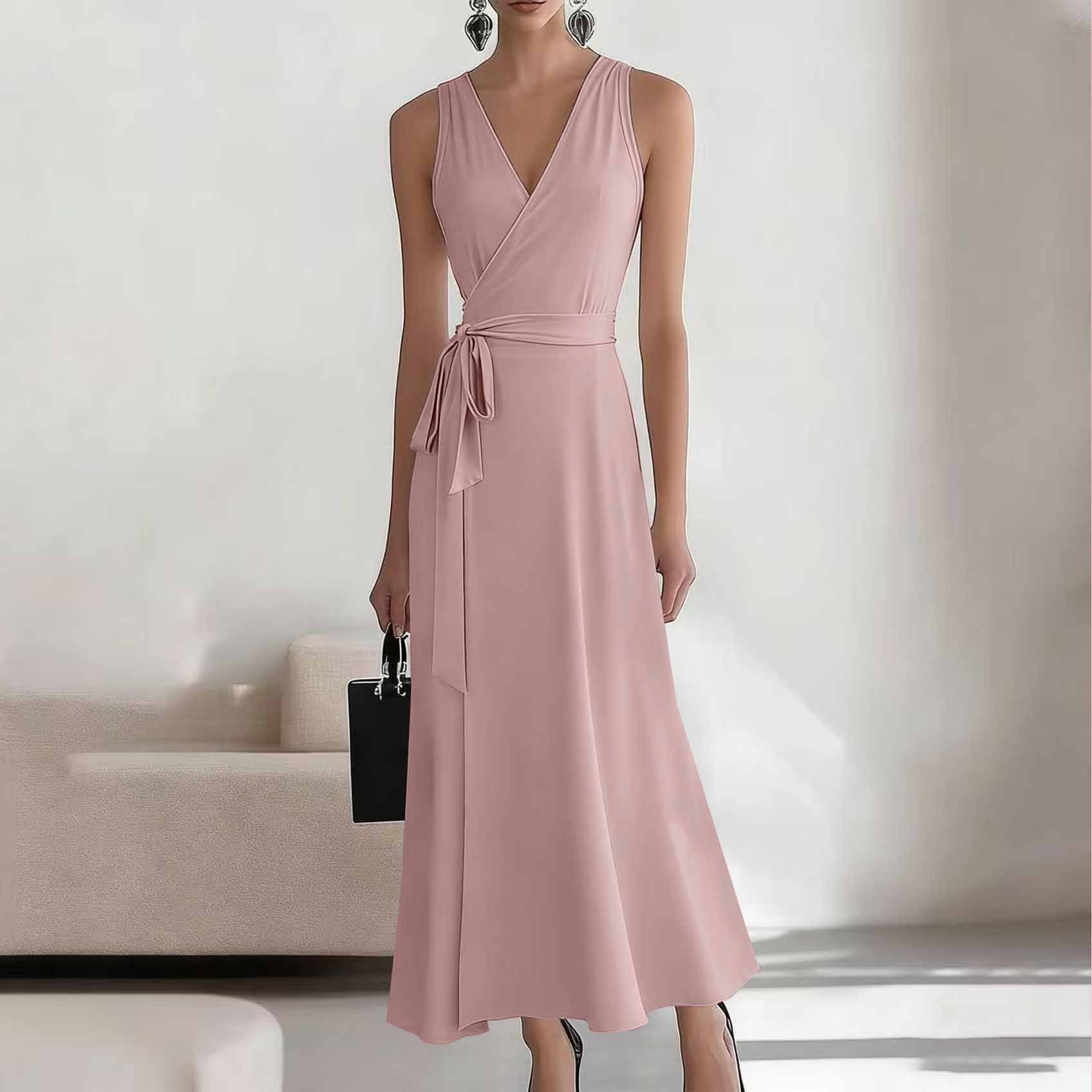 2026 European American Style New Sleeveless Elegant Cross-neck Belted Knitted Dress For Cross-border E-commerce On_ecoleips.com