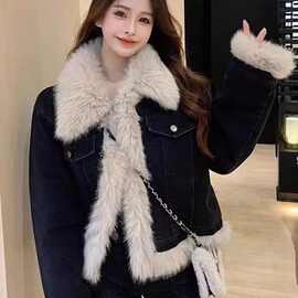 牛仔短款拼接毛毛上衣加厚棉服秋冬新款羊羔毛绒仿皮草外套女加厚