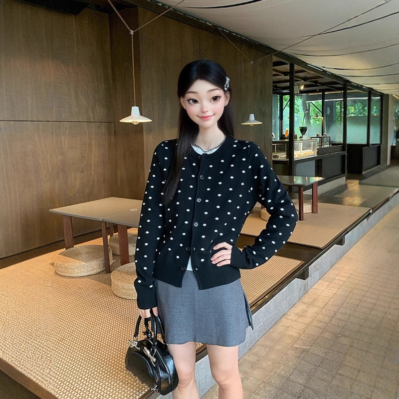 黑色波点假两件针织开衫外套女秋季韩系宽松设计感长袖上衣|undefined