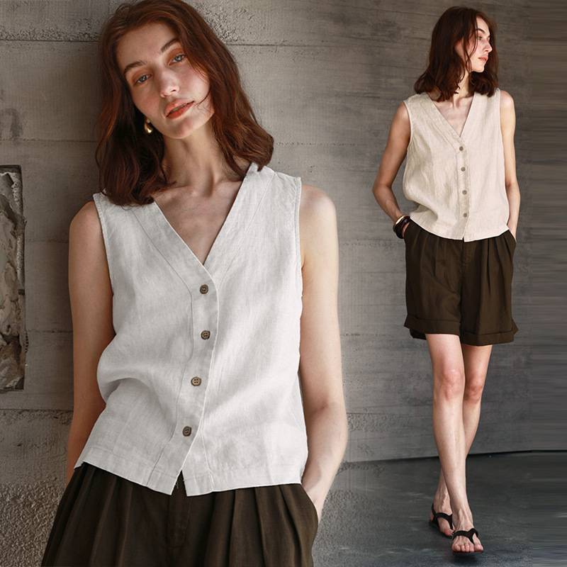 European and American Old Money Style Linen V-Neck Women's Summer Sleeveless Vest Linen Top Commuting Casual Vest