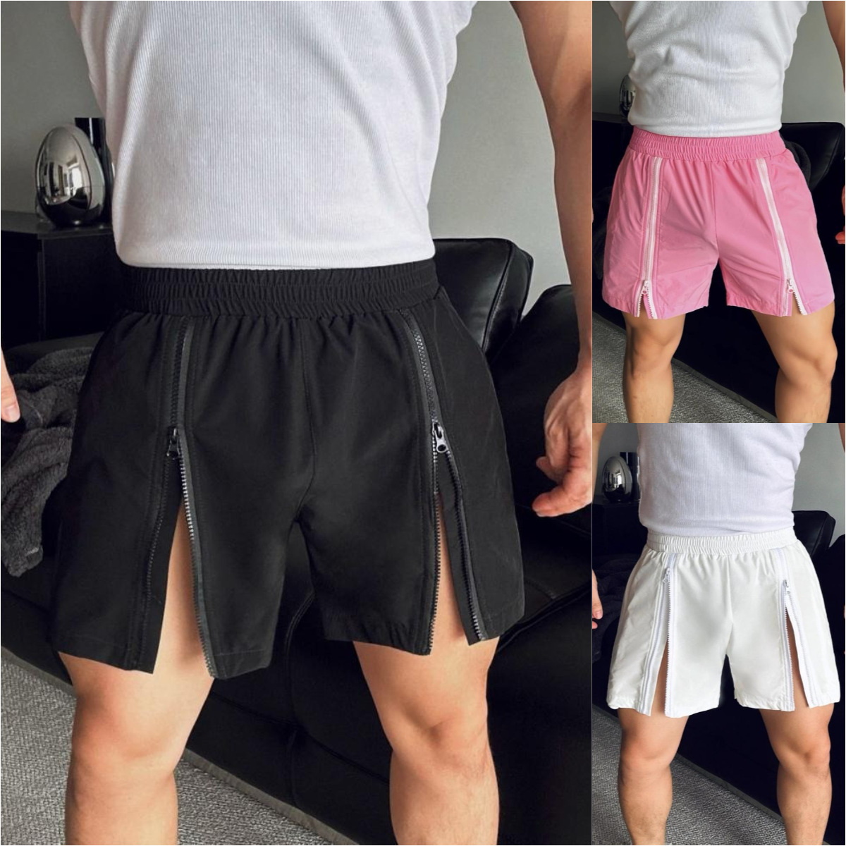 Summer Men's Sports Shorts Elastic Waist Double Zipper Fashion Fitness Casual Shorts Waterproof Four-Point Beach Pants Men
