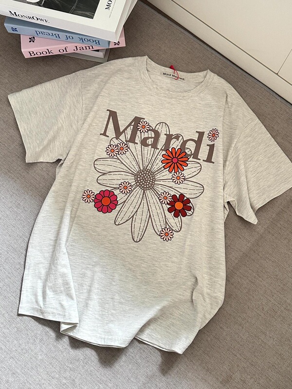 韓国マルディトレンディな半袖フラワープリントゴールドハイシルバー夏ラウンドネック純綿ルーズTシャツトップトレンディ|undefined