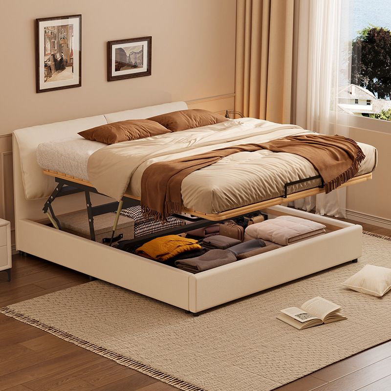 Elephant Ear Sliding Air Pressure Leather Bed Modern Simple Lifting High Box Storage Bed Small Apartment Storage Box Bed