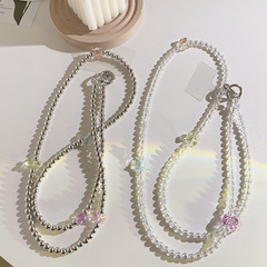 高級感銀色珠珠斜挎手機鏈仿珍珠小熊掛脖鏈通用手機殼手機掛繩女