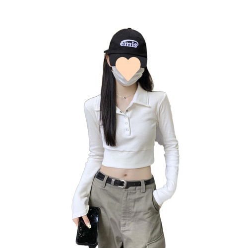 Ladies' Pure Desire Style Collared Long-Sleeve Top, Spring and Autumn New Release, Slim Fit, Body Shaping, Design-Focused, Midriff-Baring Base Layer Shirt