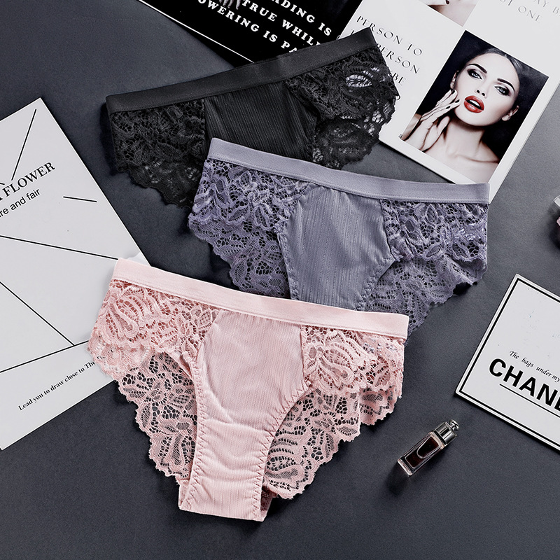 Ropa interior de encaje transfronterizo de las mujeres sexy deseo puro ropa interior de cintura baja cabeza tentación transparente calzoncillos huecos entrepierna de algodón cómoda de las mujeres