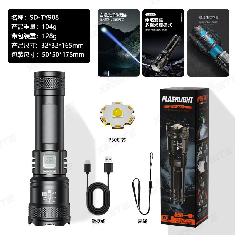 跨境爆款ABS强光伸缩调焦数字电显户外应急便携充电手电筒家用|undefined