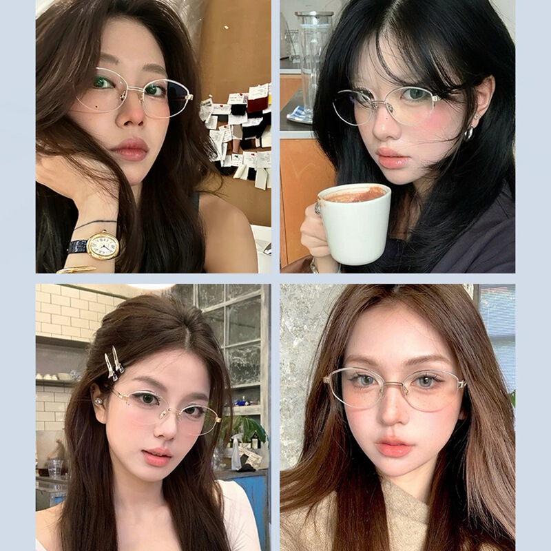 老钱风半框眼镜近视女可配度数高级感椭圆格雷系金丝素颜眼睛框架|undefined