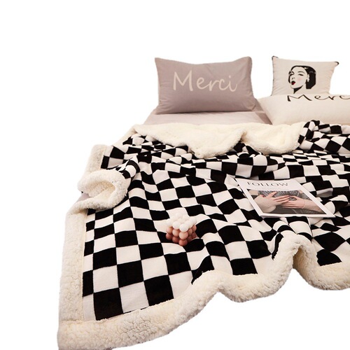 2024 autumn and winter double-layer thickened lamb velvet blanket pure plain checkerboard office nap small fur blanket leisure