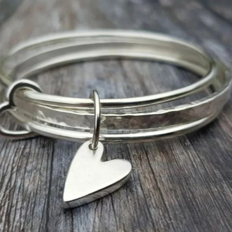 Trendy Cross-Border European and American Plain Silver Heart Pendant Bracelet, Light Luxury and High-End Feel, Versatile Silver Jewelry for Daily Wear