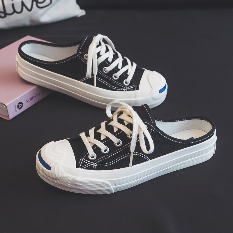 Zapatos de lona de mitad de diapositiva de mujer sonrisa abierta soporte de prueba personalizada negro y blanco F03 image 3