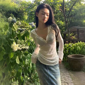 辣妹v领连帽防晒衣女款夏季薄纱长袖罩衫修身微透t恤褶皱抽绳上衣