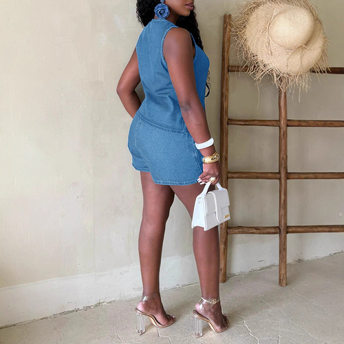 2025 Summer New Arrival European and American Style Fashionable Slim-fit Sleeveless Lace-up High-waisted Women's Vest Denim Shorts Set