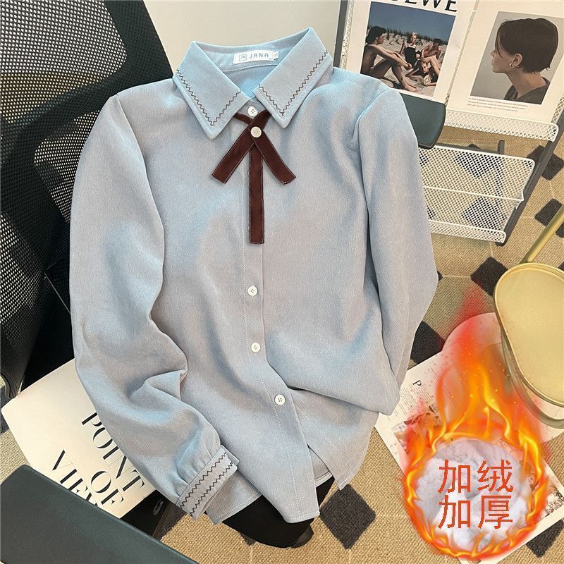 秋冬内搭磨毛衬衫女打底衫加绒保暖叠穿设计感小众复古学院风长袖|undefined