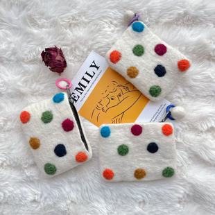 Wool felt color wave dot coin purse headset jewelry ID bag polka dot color