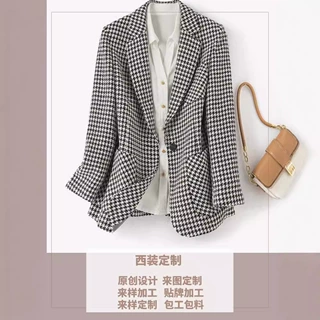 定千鸟格西装外套2026春季新款后开叉高级感黑白轻职业羊毛小西服