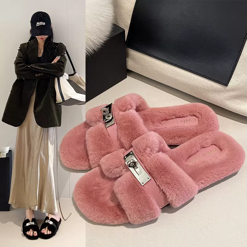 毛毛拖鞋女2024秋季新款外穿平底加绒网红一字交叉金属扣复古棉拖
