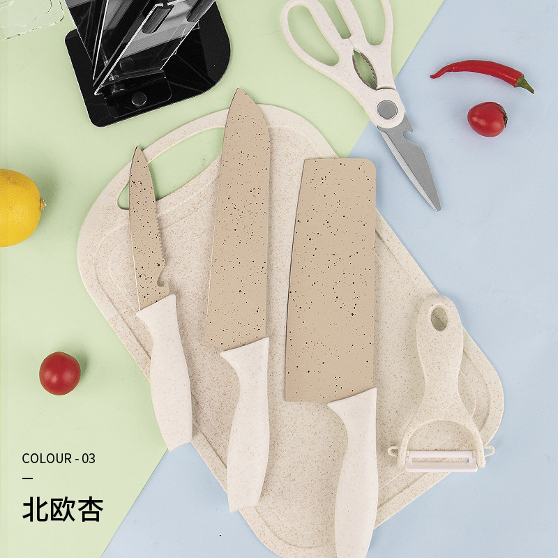 En stock al por mayor de trigo Polo color de siete piezas traje de acero inoxidable hogar cuchillo conjunto traje de acero inoxidable