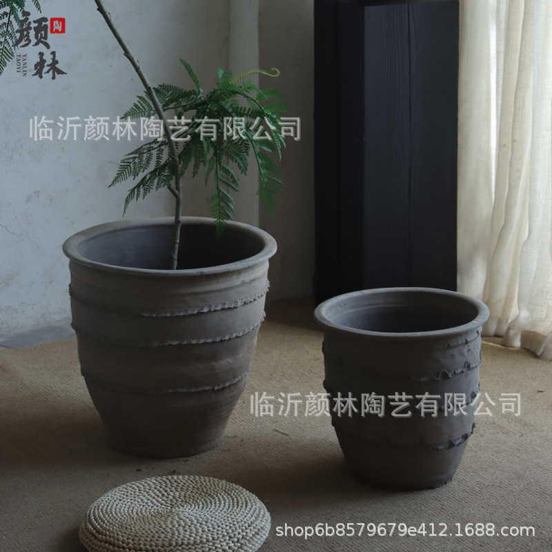 maceta de cerámica gruesa gran calibre maceta de cerámica decorativa de alojamiento residencial tanque de cerámica ventilada retro plantación de árboles maceta grande pura mano