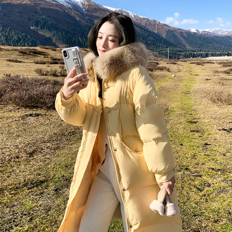 Cream Yellow down Cotton Outwear Women's Mid-Length 2024 New Winter Hepburn Style Cotton Outwear Fashionable Buckle Cotton Jacket
