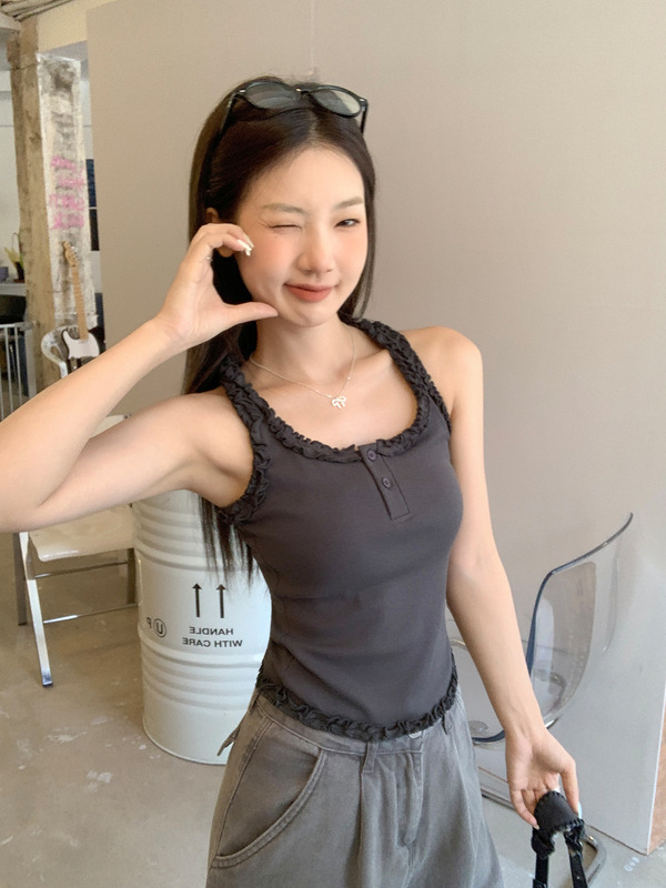 韩系灰色木耳边小吊带背心女2025年新款独特设计感显瘦无袖上衣女|undefined