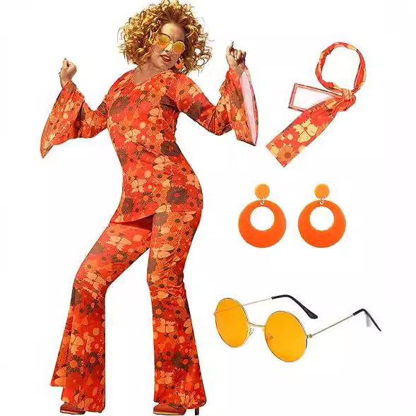 Halloween 2024 Amazon 70 s Disco Costume V-neck Printed Horn Sleeve Long Sleeve Trousers suit Women