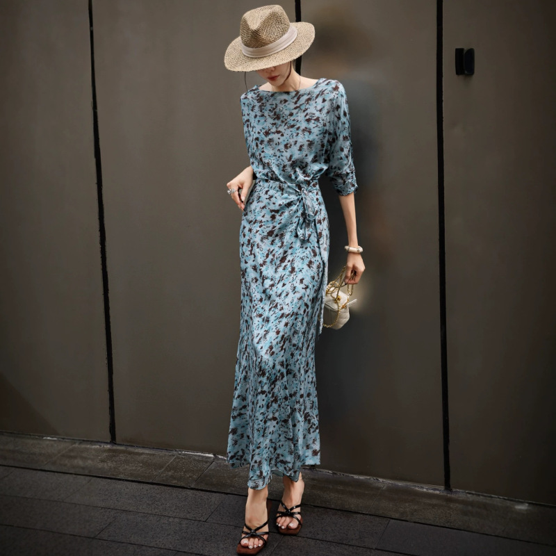 Nanyou Dropshipping 2026 Summer New Chinese Style French Silk Slimming Wrap Dress with Knot Detail