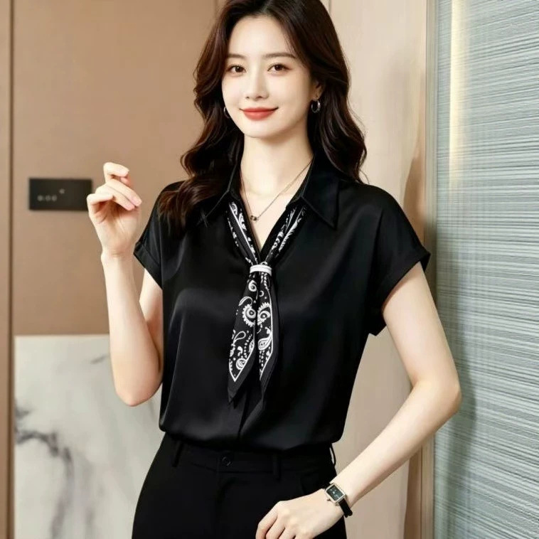 【Dropshipping】Summer New Stylish and Simple Shirt, Comfortable and Elegant Silk Scarf Tie Blouse for Women