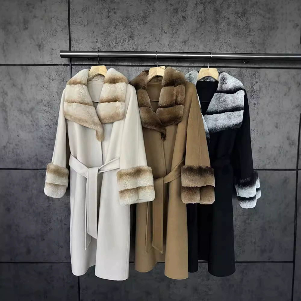 Новое двустороннее пальто из чистого кашемира 2025 года, средней длины, с мехом кролика рекс, элитное и молодежное.