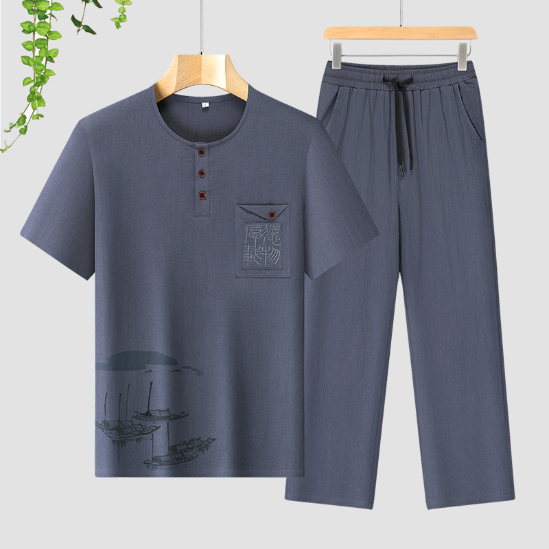 Papá transfronterizo de verano set de algodón de mediana edad camiseta de manga corta delgada abuelo dos piezas set de pantalones casuales image 4