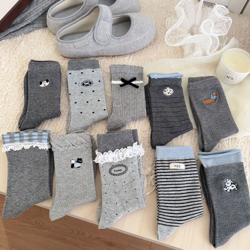 High-End Gray Combination Series! Gray Series Live Broadcast Same Style Combination Korean Dongdaemun Solid Color Slouch Socks