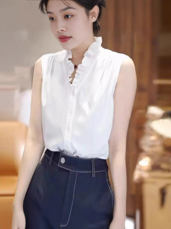 夏季花边领V领白色无袖背心女内搭法式木耳边无袖衬衫打底衫|undefined