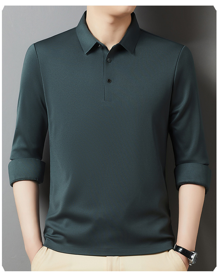 T-shirt a maniche lunghe da uomo in peluche spesso 2024 Autunno / inverno Nuova camicia di base in tinta unita con risvolto business di mezza età_voghion.com