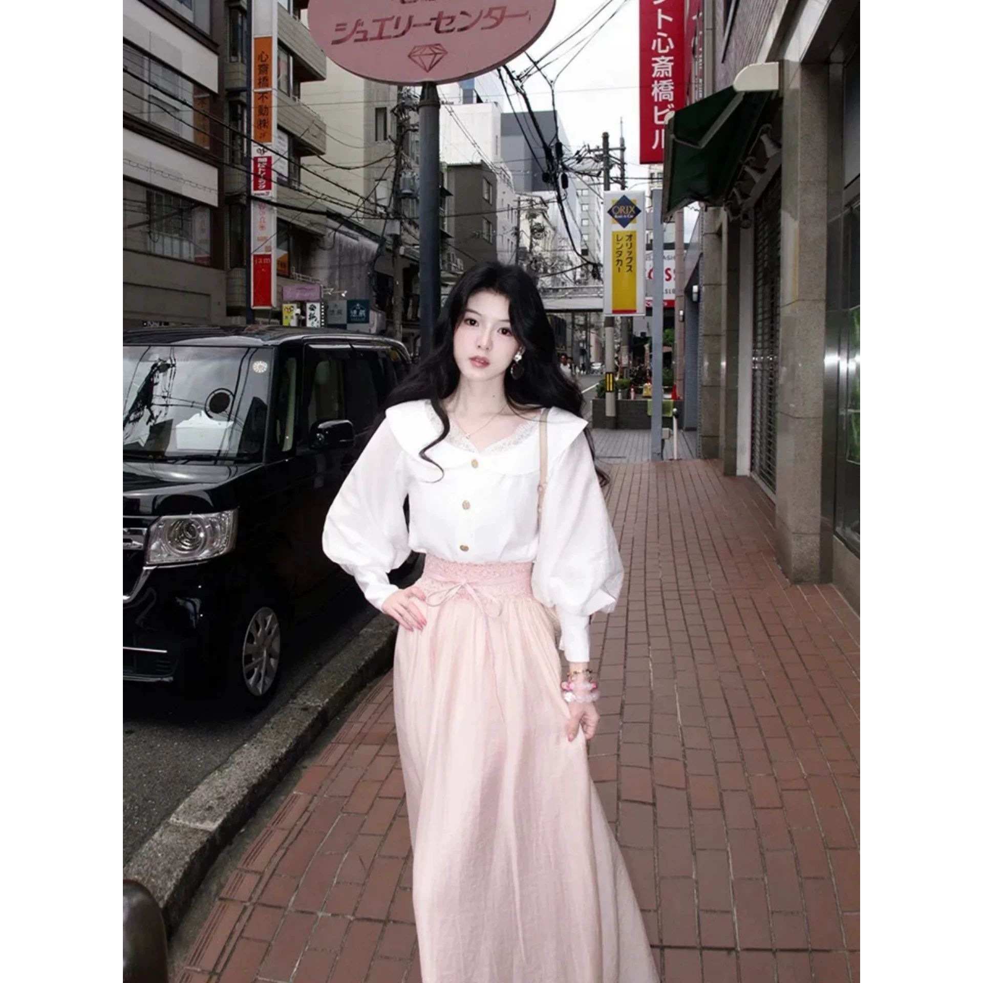 甜美套装女早秋季小个子气质绝美穿搭娃娃领长袖衬衫收腰半身长裙