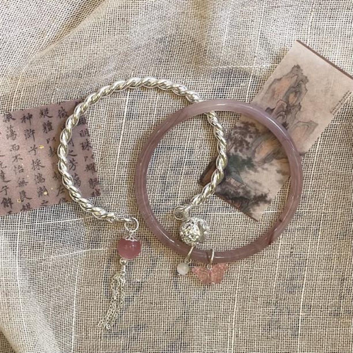 New Chinese style tassel glass bracelet silver twist jingle bracelet copper alloy glass bracelet set Chinese style bestie gift