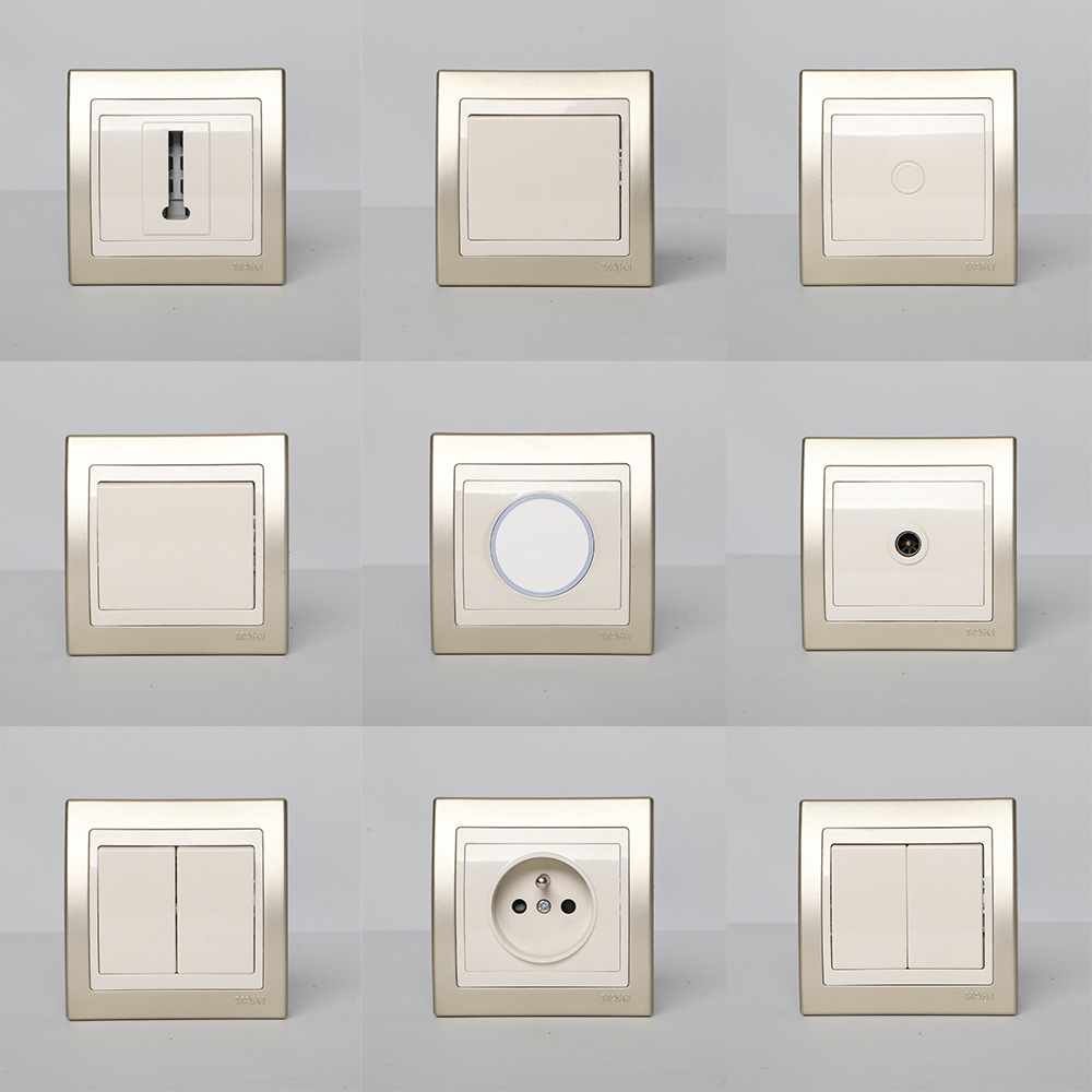 YAKI面板开关金边法式欧式墙壁开关插座德式欧规暗装家用单控双控