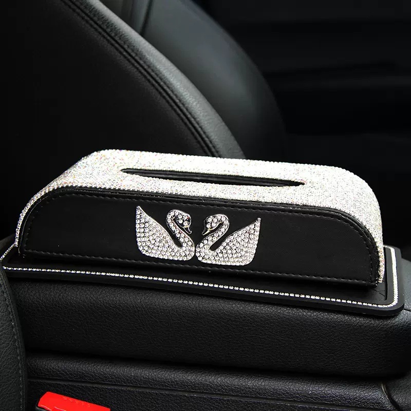 Caja de dibujo de doble cisne, caja de pañuelos de coche con diamantes, decoración de coche, consola central, caja de pañuelos, caja de reposabrazos, diamantes de imitación, mujer