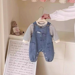 2025新款婴儿衣服春装套装宝宝条纹连体衣春秋外出爬服牛仔背带裤