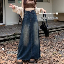 2407做旧水洗牛仔半身裙女春秋季辣妹复古直筒a字设计感显瘦长裙